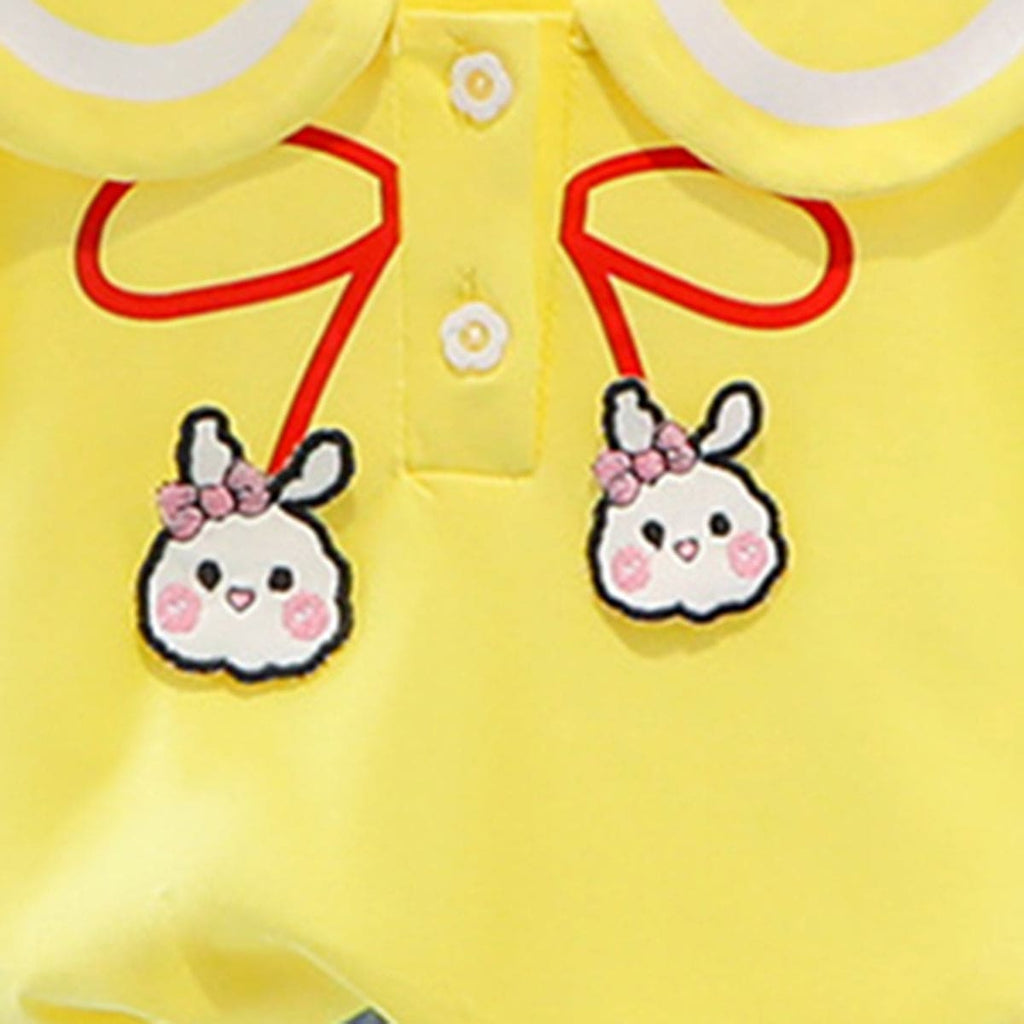 Girls Yellow Peter Pan Collar Top with Cuffed Jeans Shorts Sets