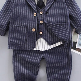 Boys Pinstripe Formal Suit with Vest, Blazer And Trousers Sets Sets