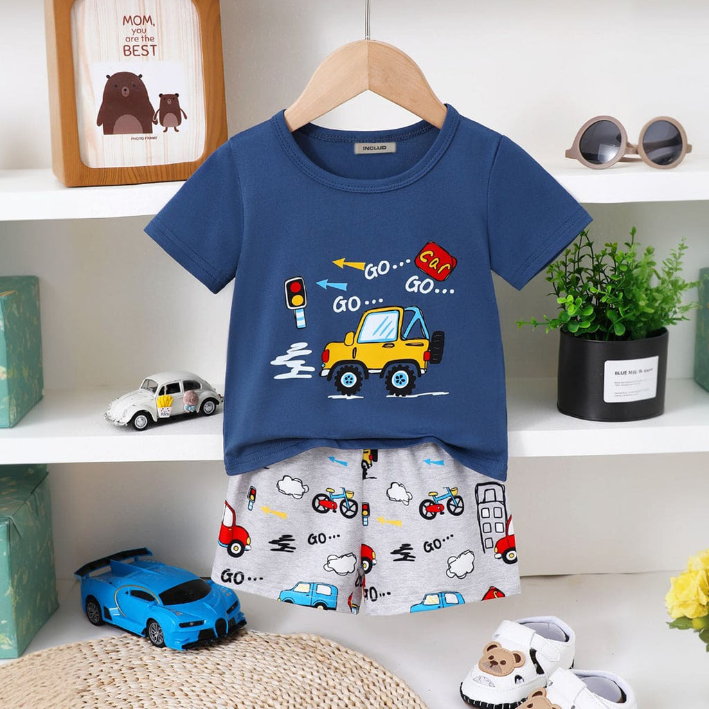 Boys Blue Printed Short Sleeves T-shirt with Shorts Set Sets Blue 6-9 M 