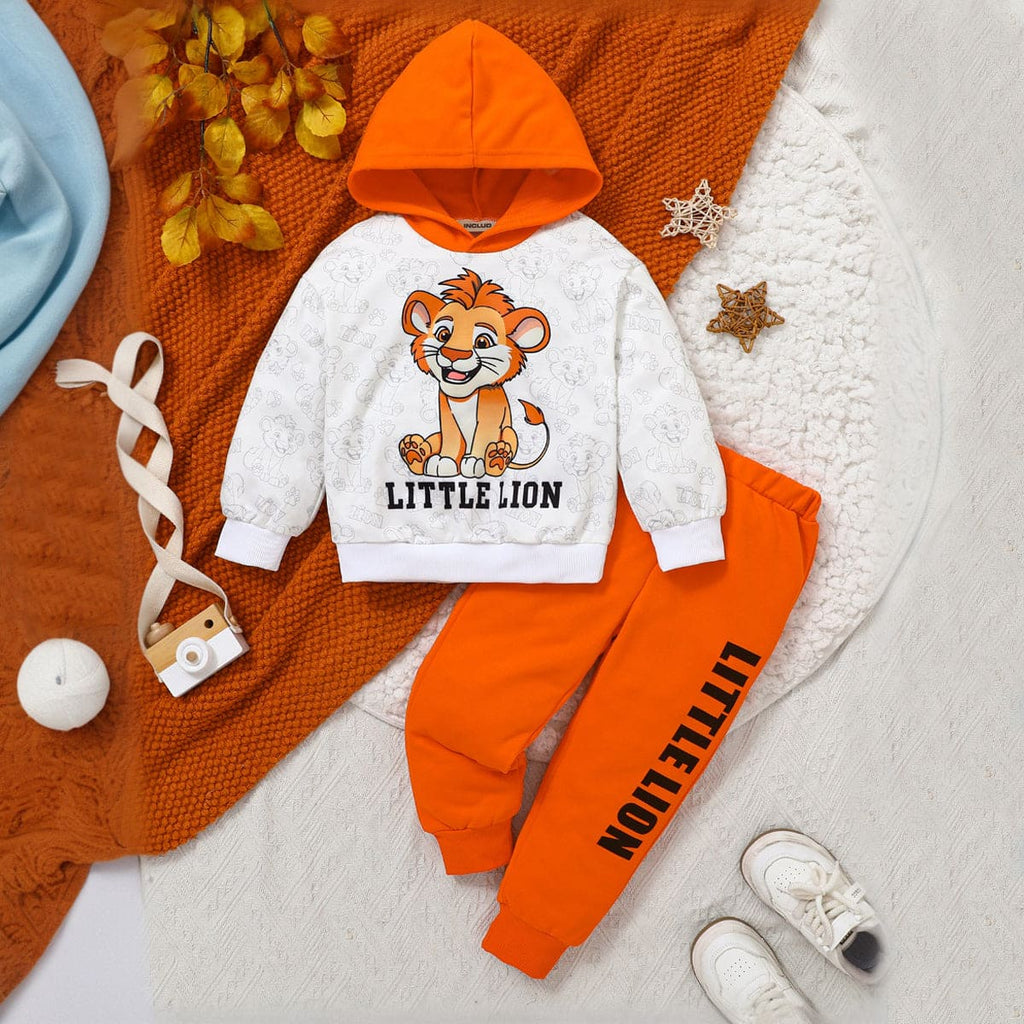 Boys Orange Lion Print Hooded Sweatshirt with Trouser Set Sets Orange 4-5 Y 