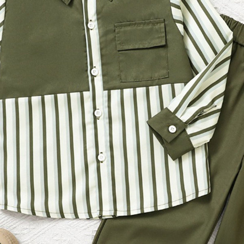 Boys Green Striped Shirt with Trouser Set Sets   