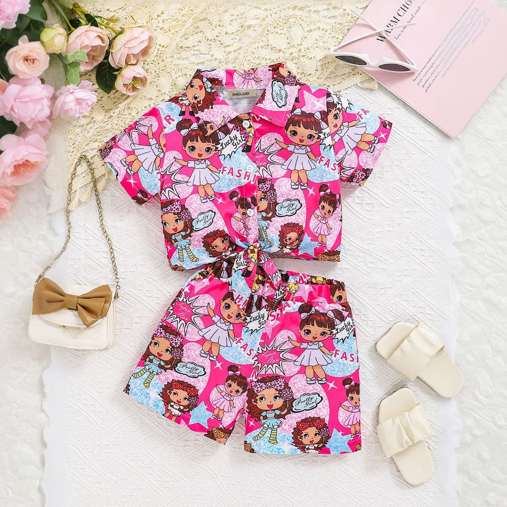 Girls Pink Cartoon Print Short Sleeves Shirt with Shorts Set Sets Pink 4-5 Y 