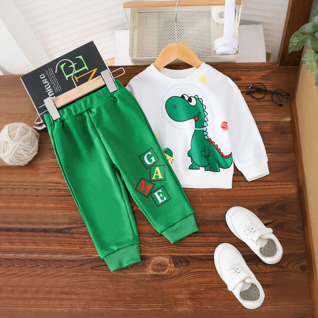 Boys White Dinosaur Print Sweatshirt with Trouser Set Sets White 6-9 M 