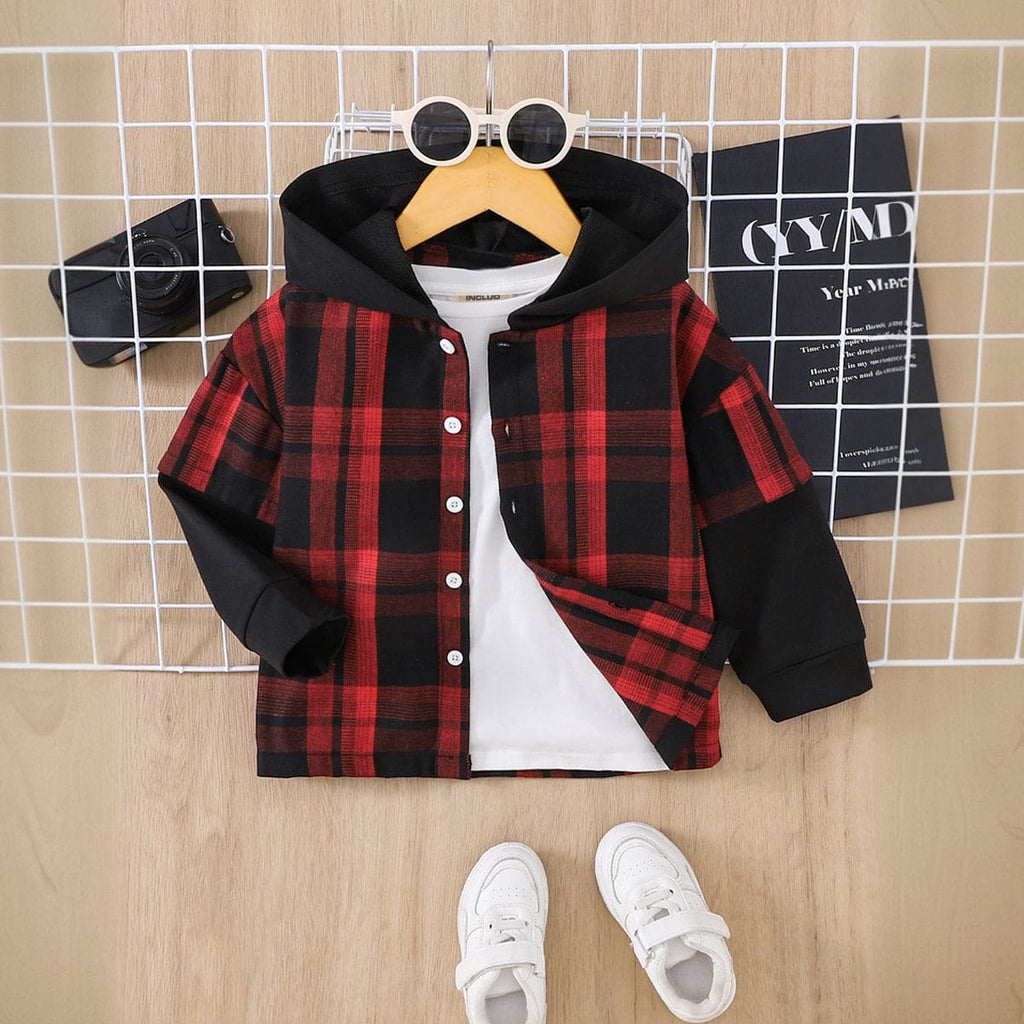 Boys Red Checkered Print Hooded Shirt Shirts Red 4-5 Y 