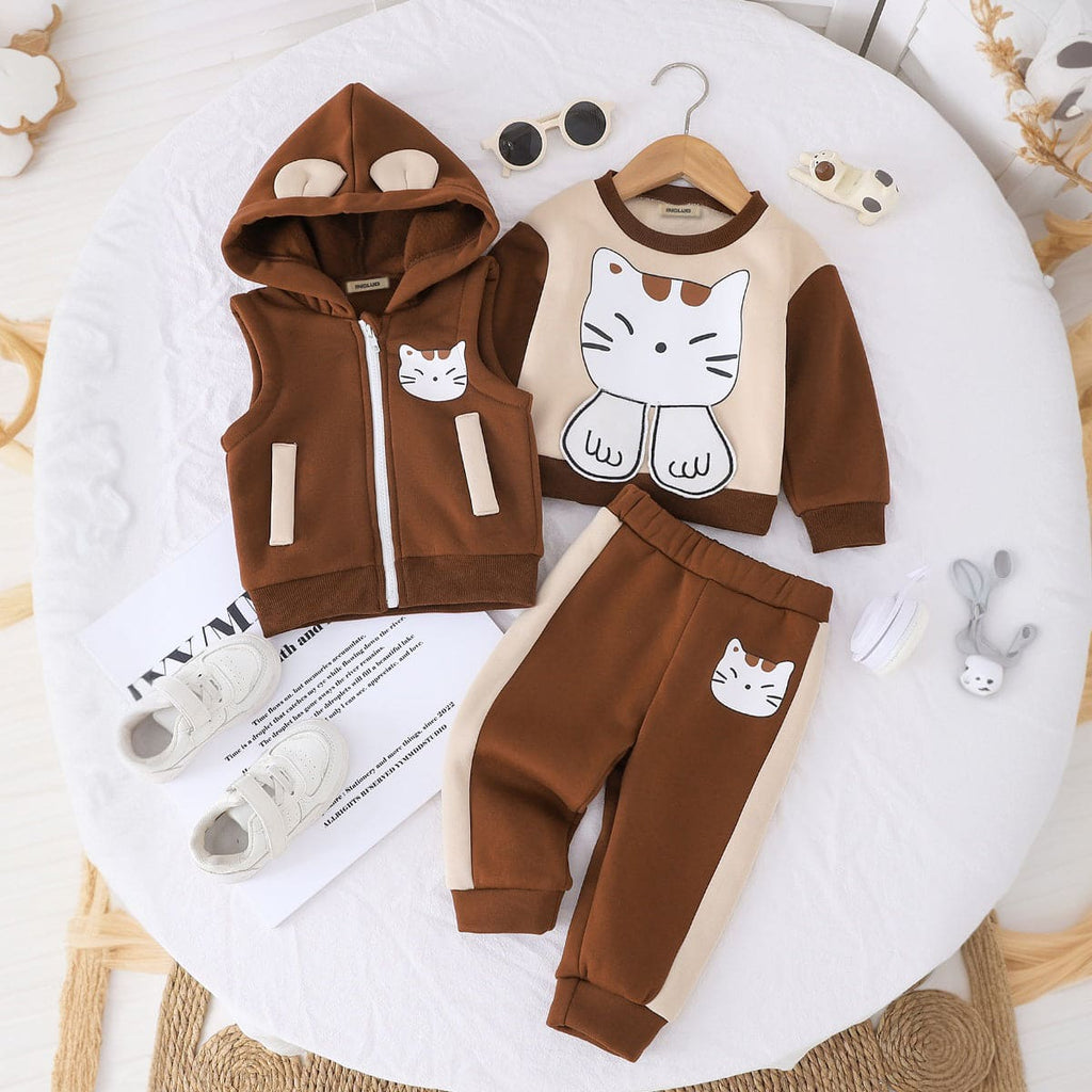 Boys Brown Cat Print Sleeveless Hooded with Sweatshirt & Trouser Set Sets Brown 6-9 M 