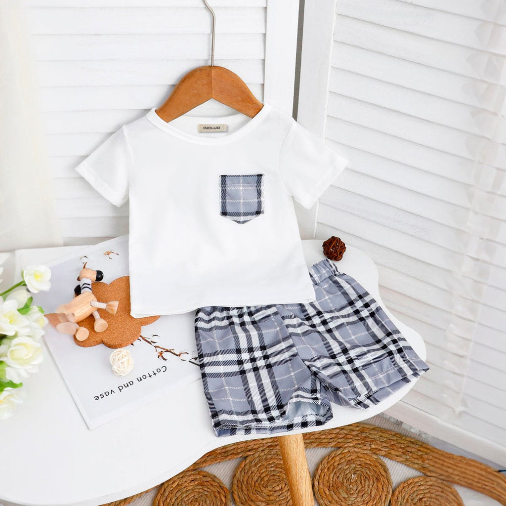 Boys White Short Sleeves T-shirt with Checkered Print Shorts Set Sets White 6-9 M 