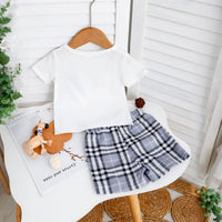 Boys White Short Sleeves T-shirt with Checkered Print Shorts Set Sets   