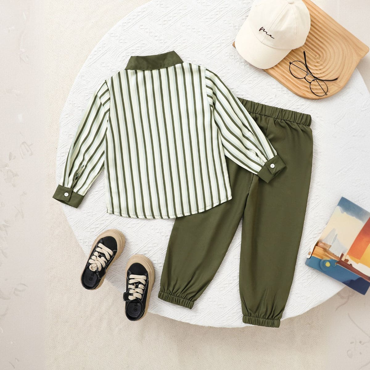 Boys Green Striped Shirt with Trouser Set Sets   
