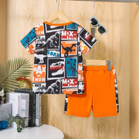 Boys Orange Dinosaur Print Short Sleeves T-shirt with Shorts Set Sets   