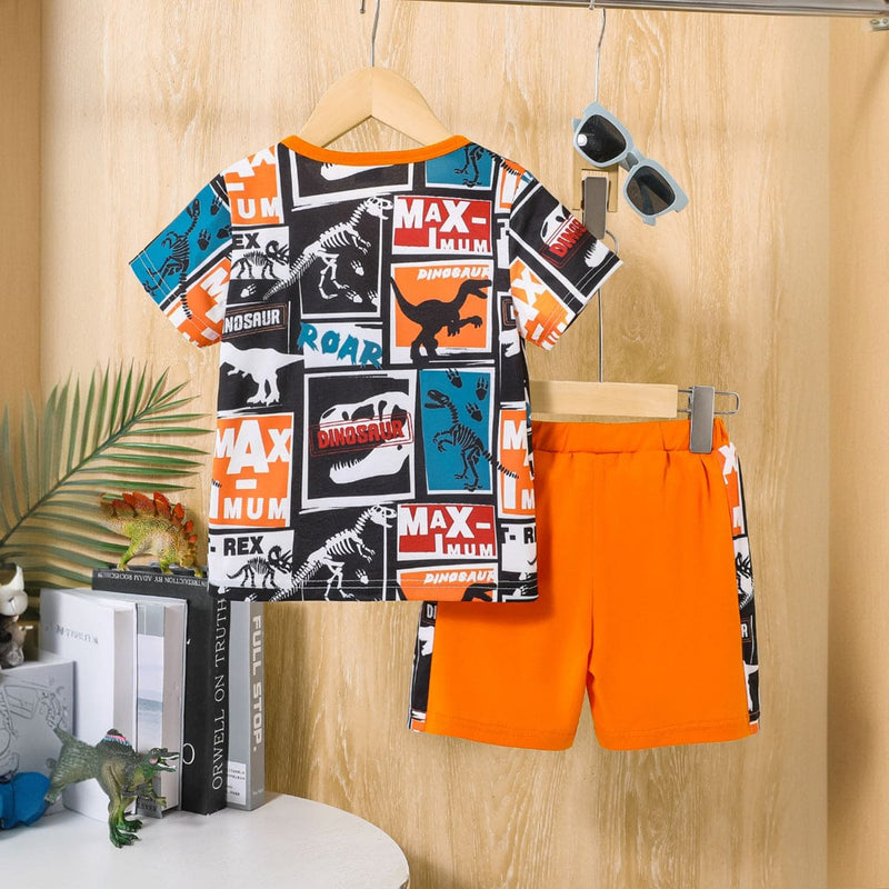 Boys Orange Dinosaur Print Short Sleeves T-shirt with Shorts Set Sets   