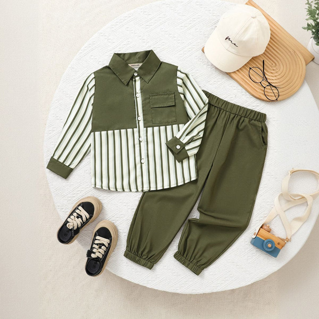 Boys Green Striped Shirt with Trouser Set Sets Olive 4-5 Y 