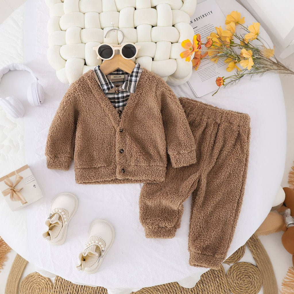 Boys Brown Fleece Full Sleeves Jacket with Trouser Set Sets Brown 6-9 M 