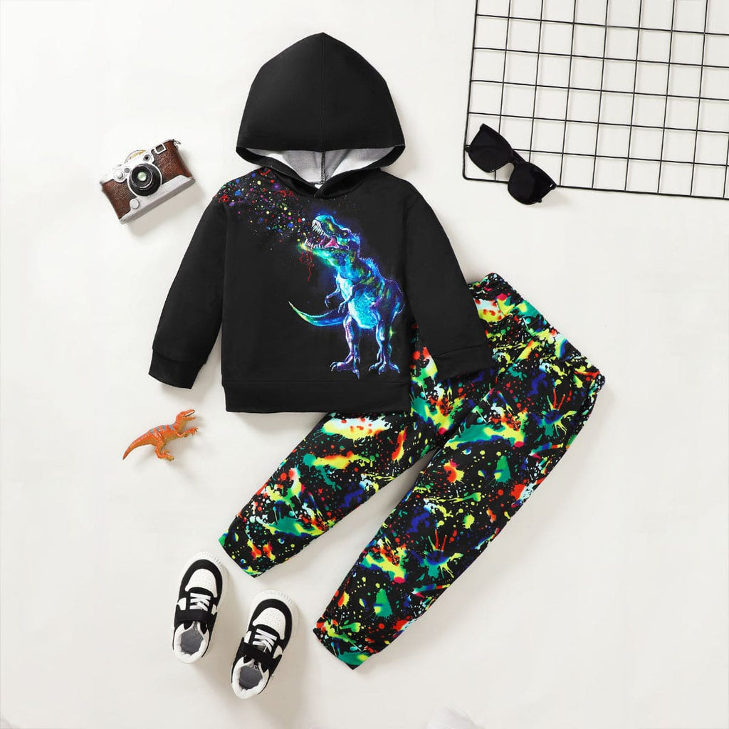 Boys Black Dinosaur Print Hooded Sweatshirt with Printed Trouser Set Sets Black 4-5 Y 