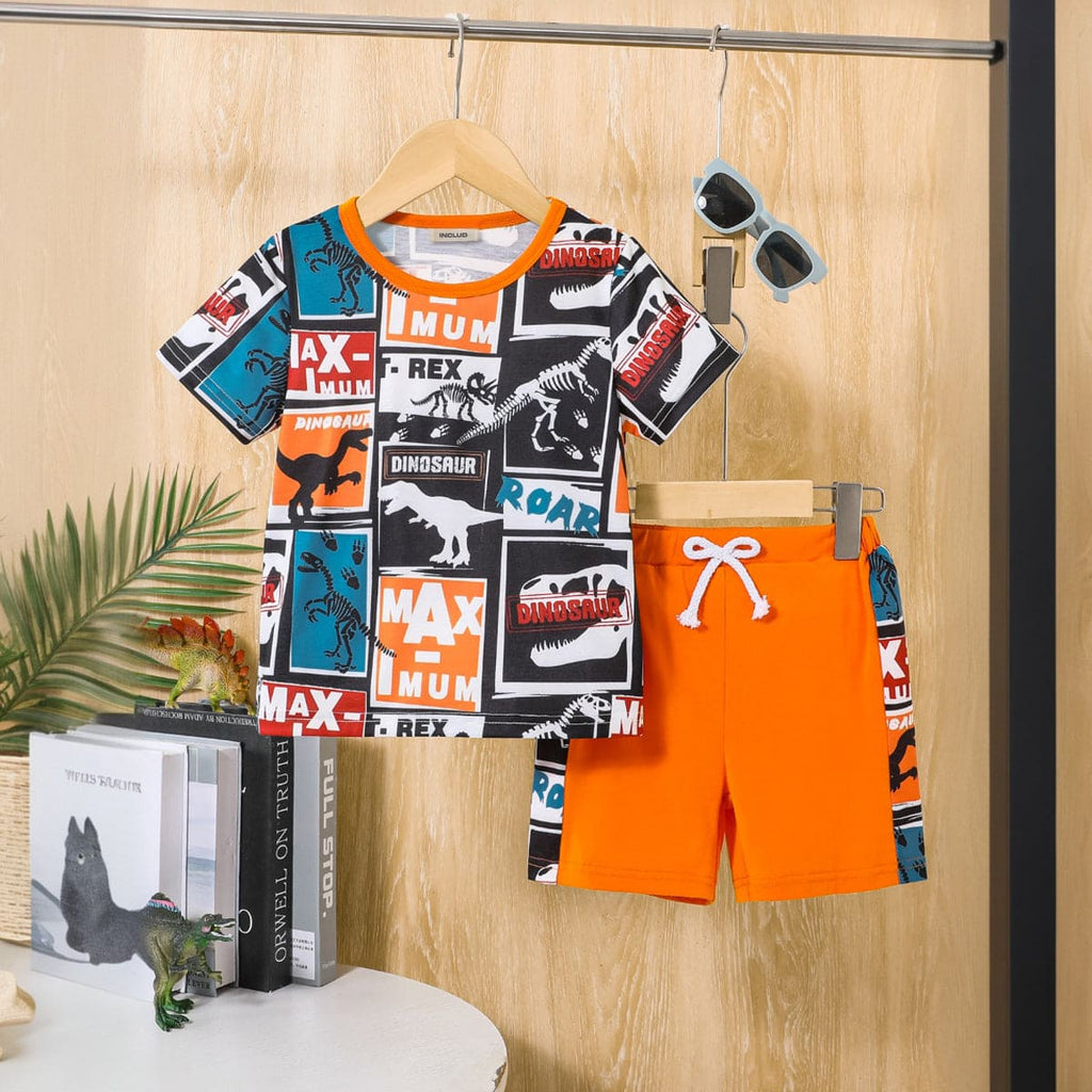 Boys Orange Dinosaur Print Short Sleeves T-shirt with Shorts Set Sets Orange 4-5 Y 