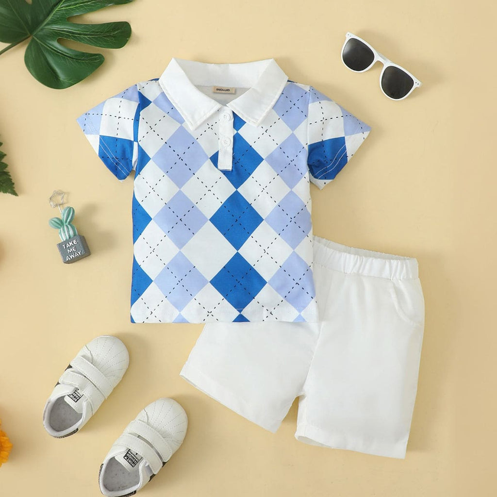 Boys Blue Checkered Print Polo T-shirt with Shorts Set Sets Blue 1-2 Y 