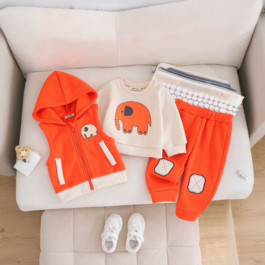 Boys Orange Elephant Print Hooded Jacket with Sweatshirt & Trouser Set Sets Orange 6-9 M 