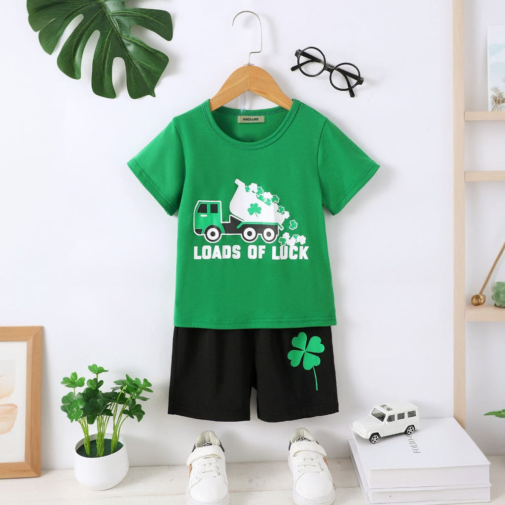 Boys Green Printed Short Sleeves T-shirt with Shorts Set Sets Green 4-5 Y 