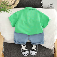 Boys Green Short Sleeve Polo T-Shirt With Denim Shorts Sets   