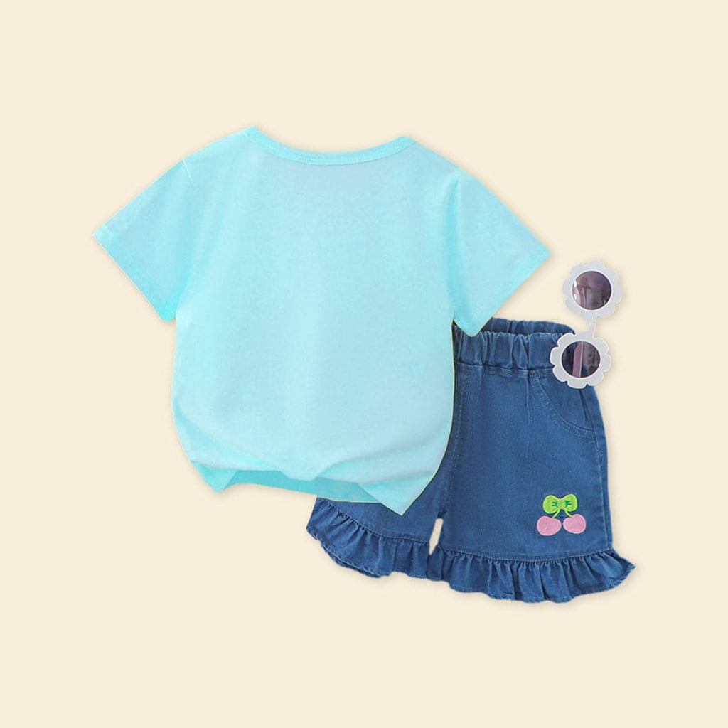 Girls Blue Cherry Print Short Sleeve Top With Denim Shorts Sets   