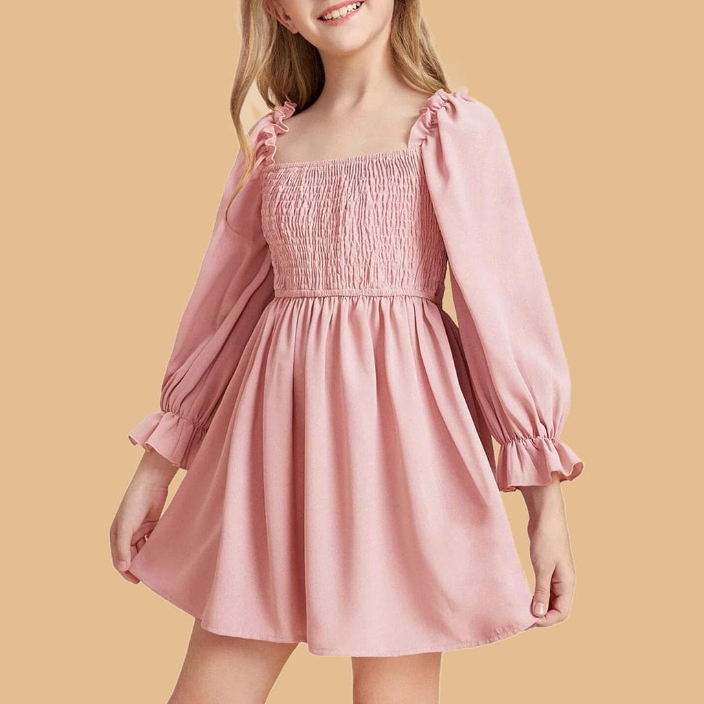 Girls Pink Long Sleeve Elasticated Yoke Dress Casual Dresses Pink 2-3 Y 