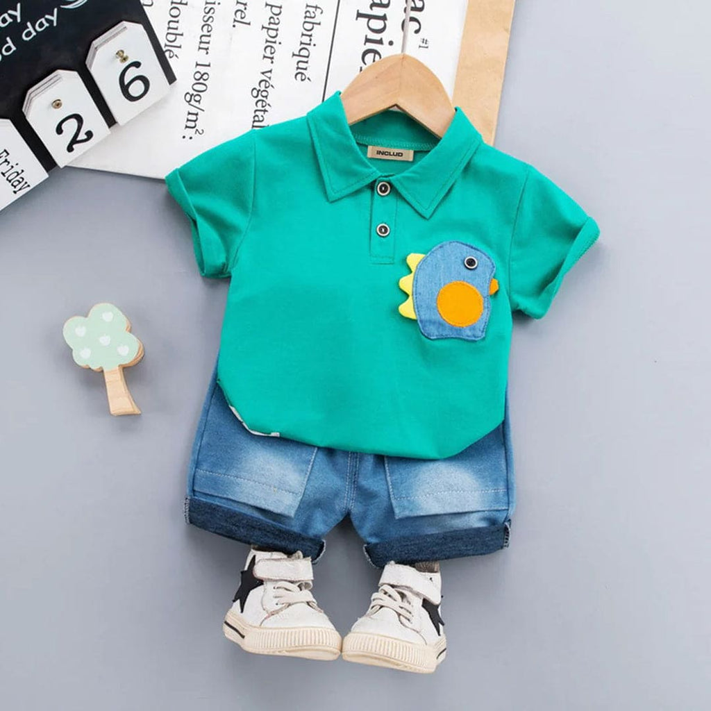 Boys Green Logo Applique Polo T-shirt with Denim Shorts Set Sets Green 1-2 Y 