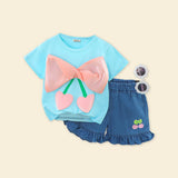 Girls Blue Cherry Print Short Sleeve Top With Denim Shorts
