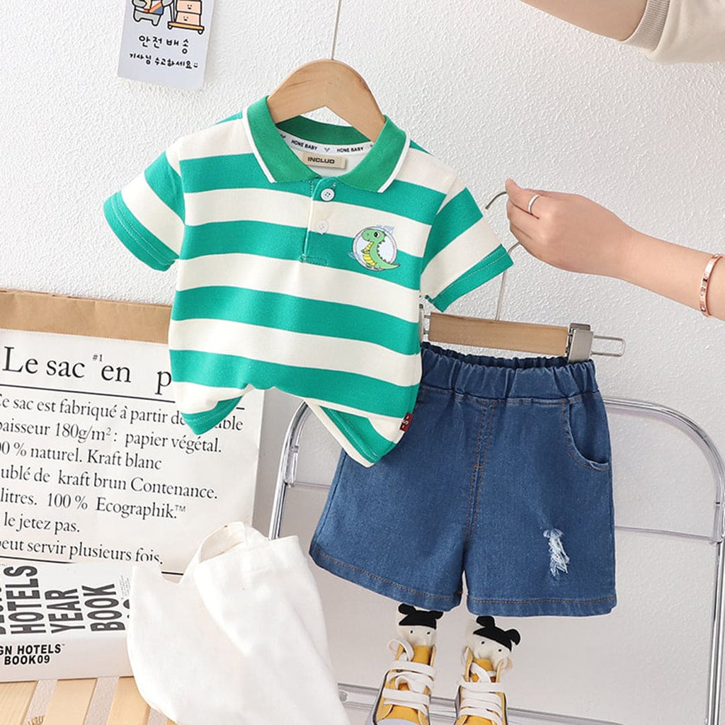 Boys Green Printed Stripe T-Shirt With Denim Shorts Sets Green 1-2 Y 