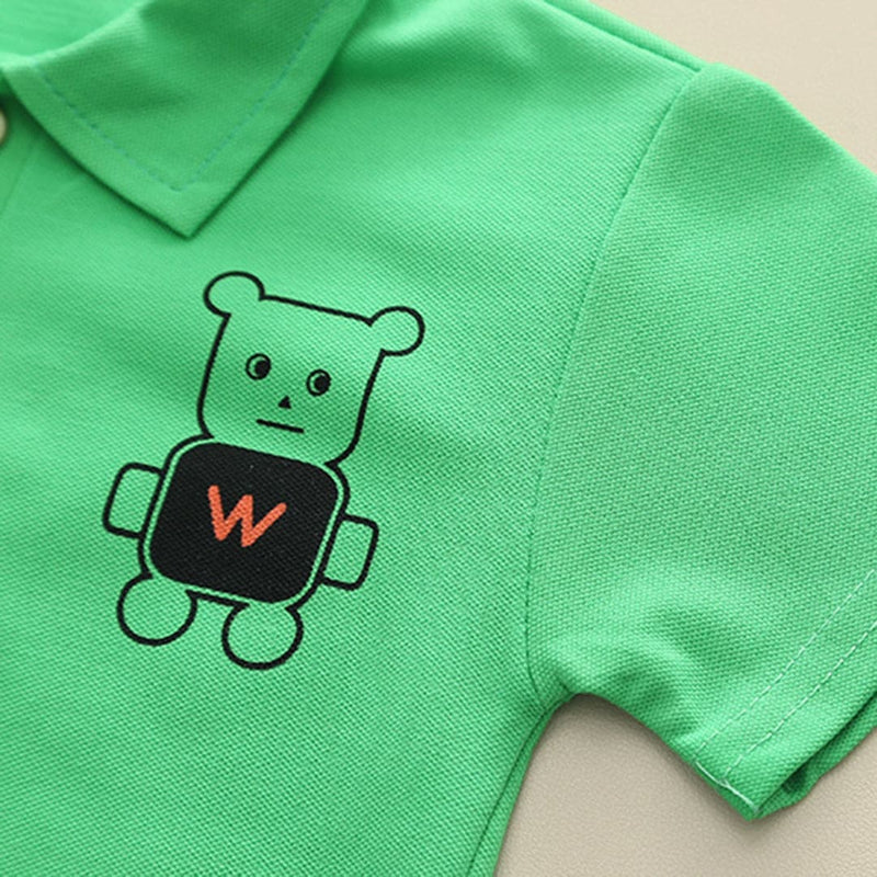Boys Green Short Sleeve Polo T-Shirt With Denim Shorts Sets   