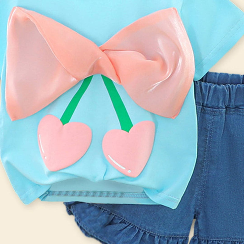 Girls Blue Cherry Print Short Sleeve Top With Denim Shorts Sets   