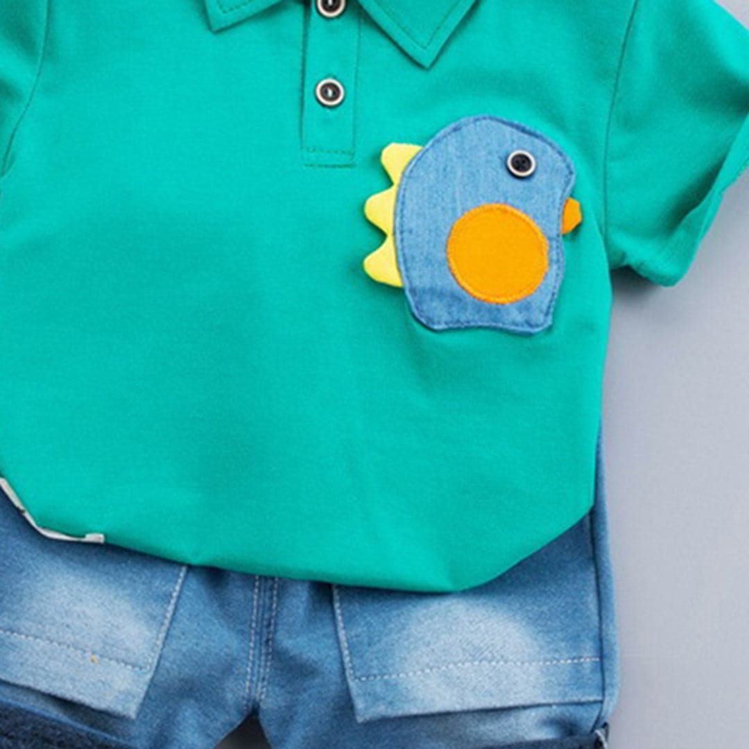 Boys Green Logo Applique Polo T-shirt with Denim Shorts Set Sets   