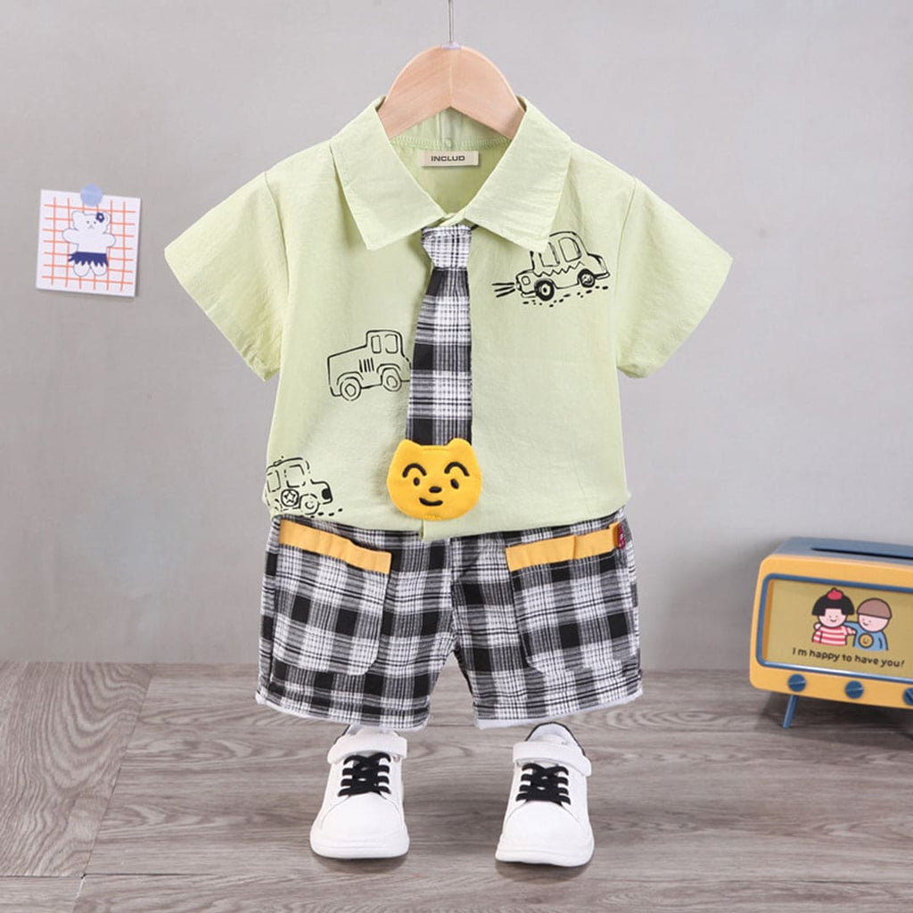 Boys Light Green Printed Shirt With Plaid Bottom Sets Light Green 1-2 Y 