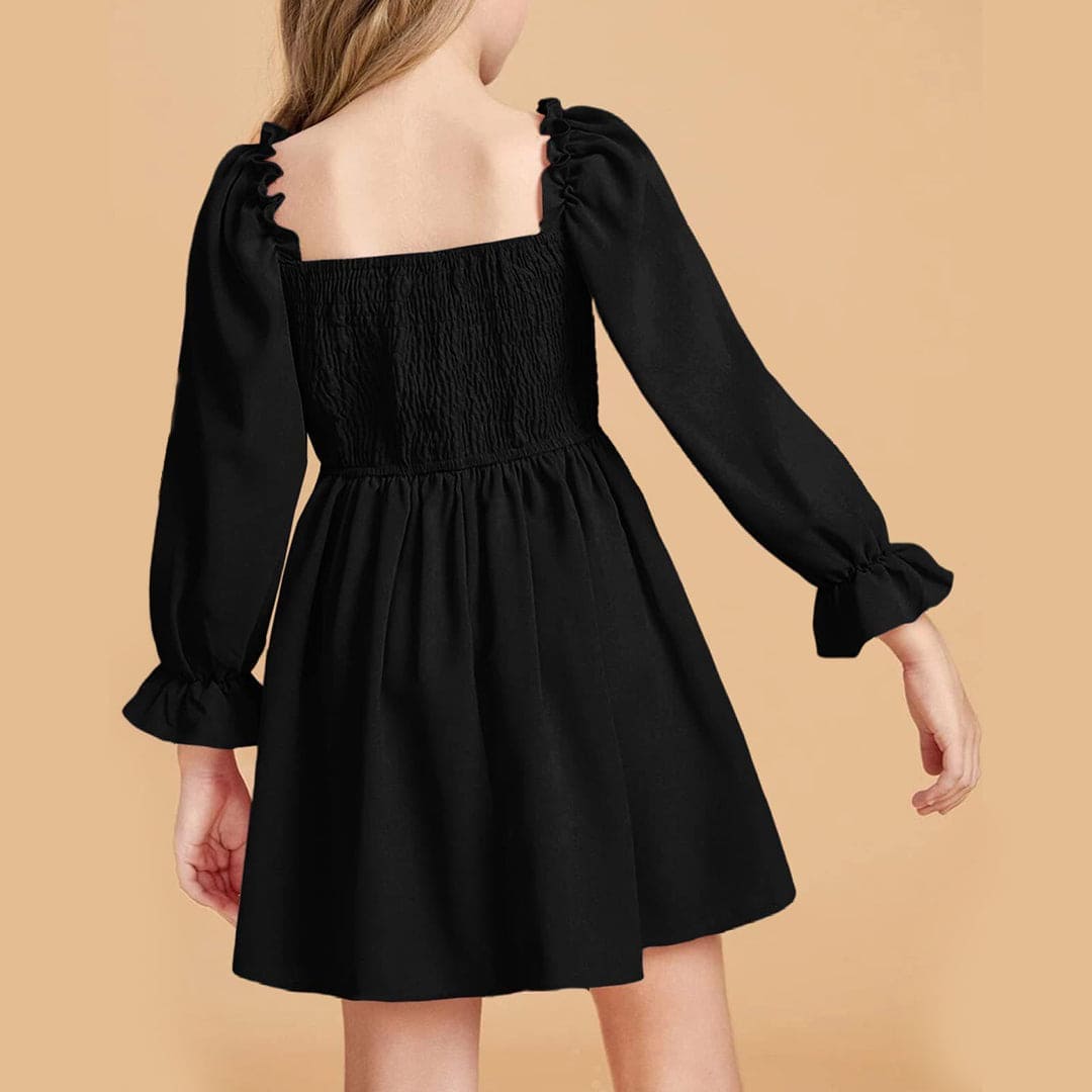 Girls Black Long Sleeve Elasticated Yoke Dress Casual Dresses   