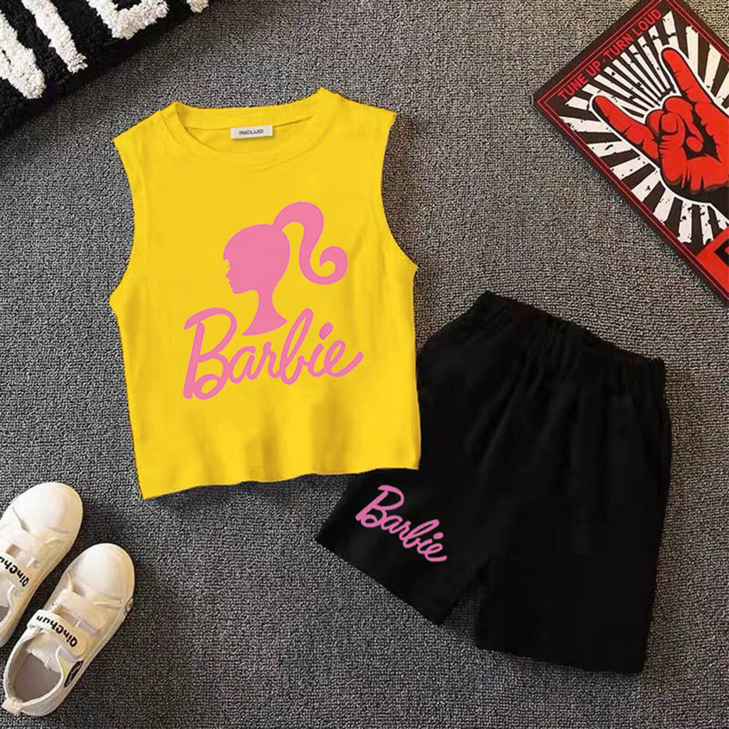 Girls Yellow Barbie Printed Vest With Elasticated Shorts 2 pc. Sets Yellow 2-3 Y 