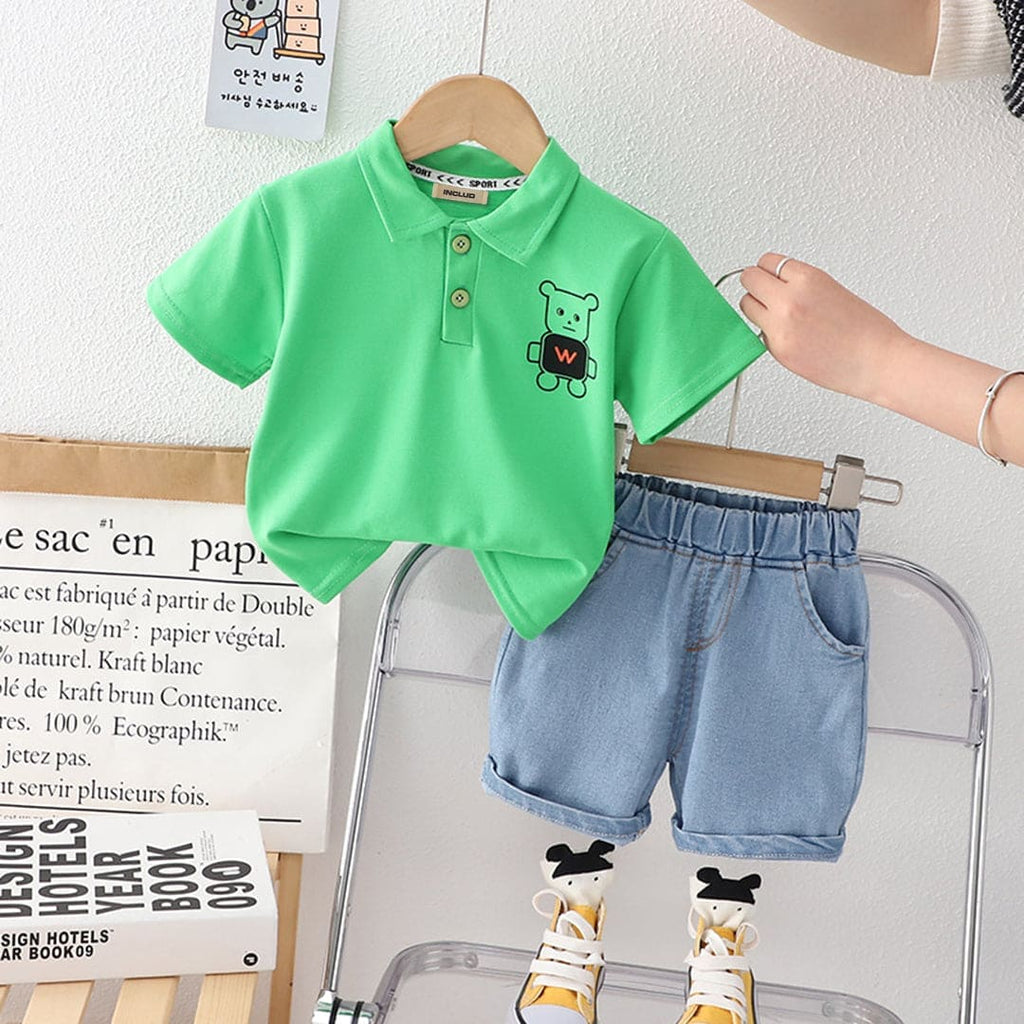 Boys Light Green Graphics Print Polo T-Shirt With Denim Shorts Sets Light Green 1-2 Y 