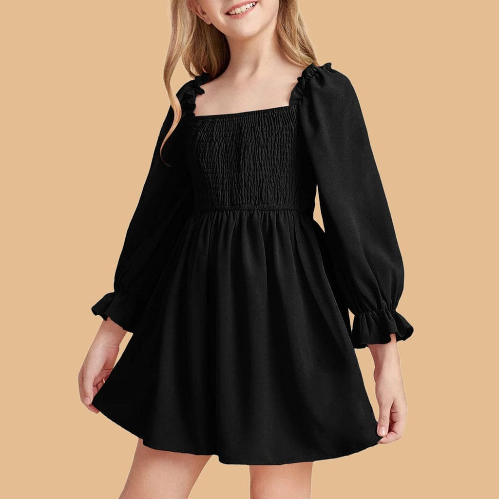 Girls Black Long Sleeve Elasticated Yoke Dress Casual Dresses Black 2-3 Y 