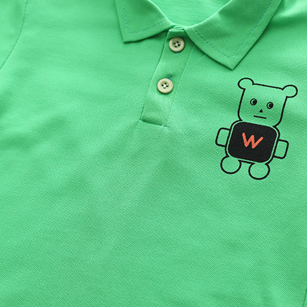 Boys Green Short Sleeve Polo T-Shirt With Denim Shorts Sets   