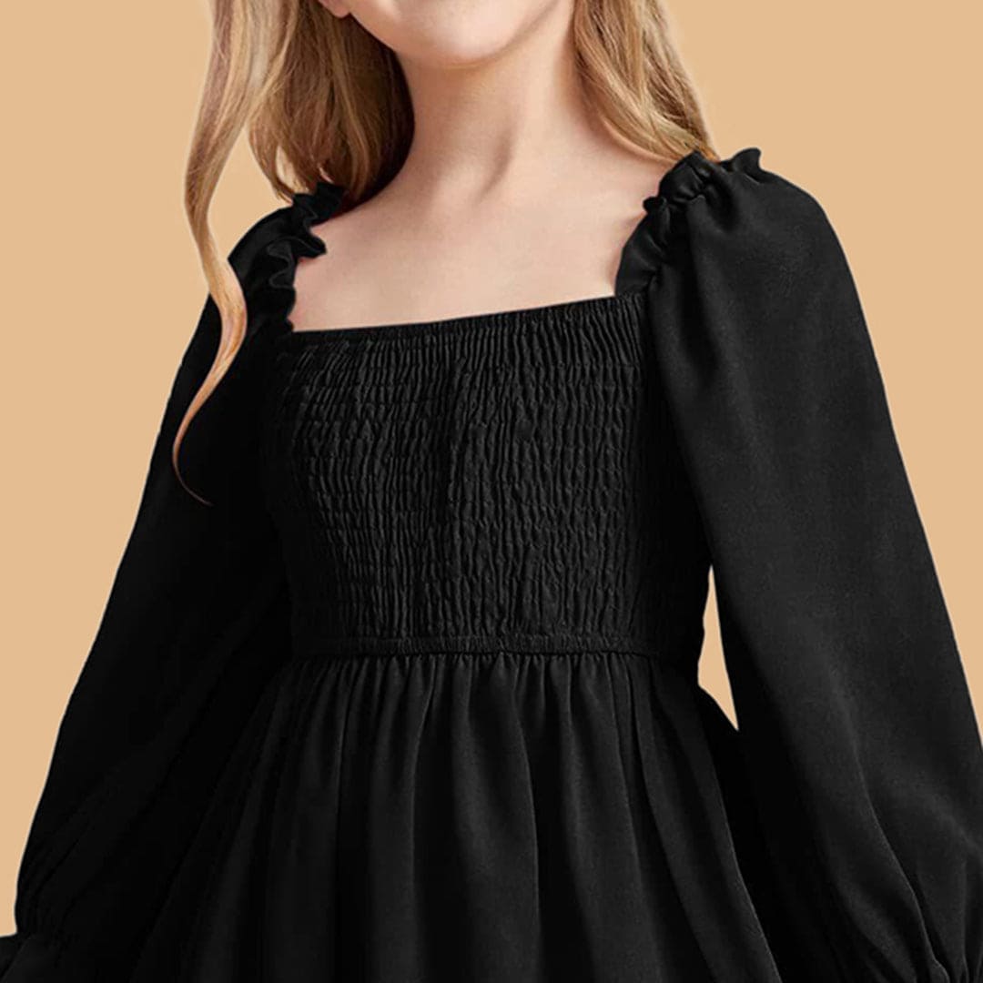 Girls Black Long Sleeve Elasticated Yoke Dress Casual Dresses   