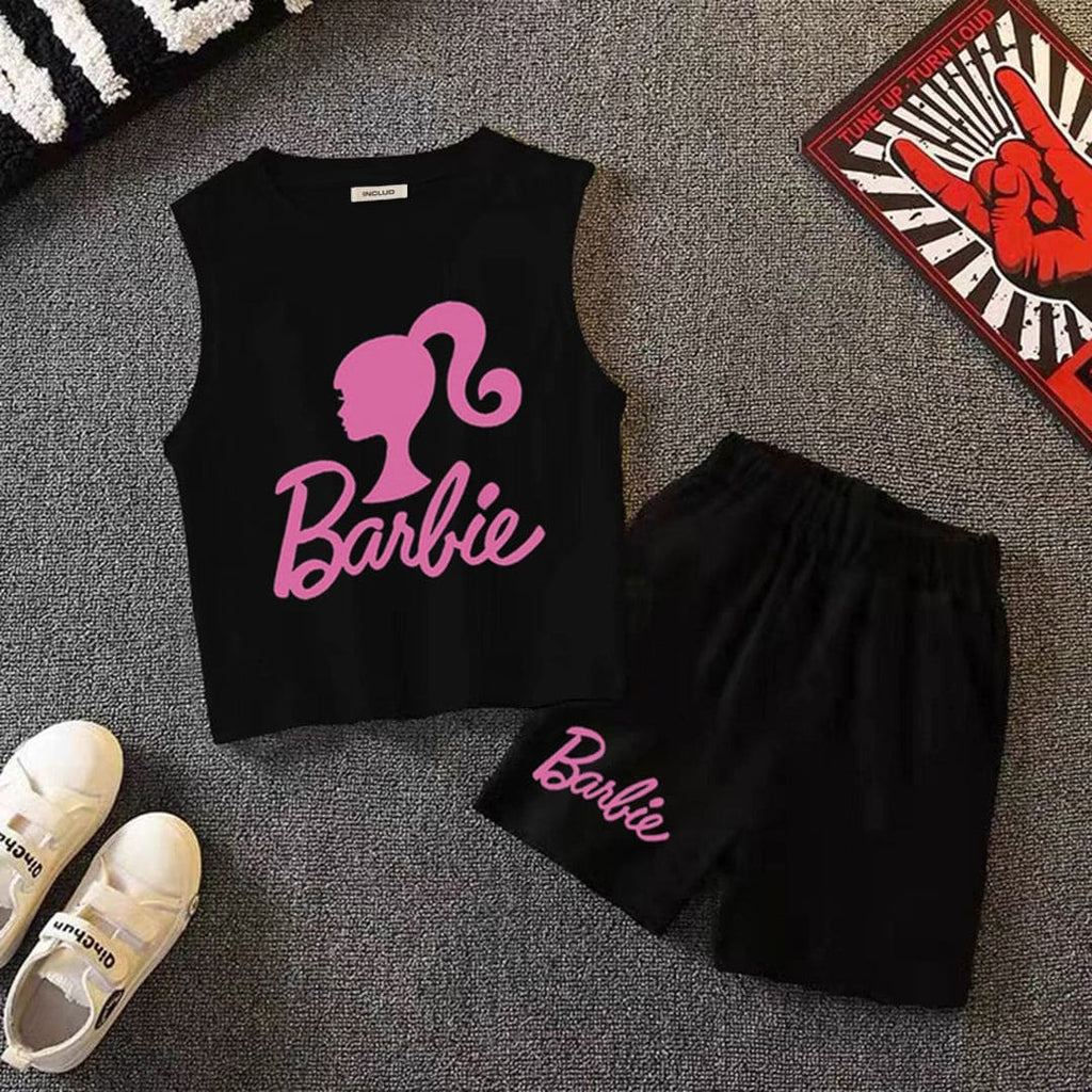 Girls Black Barbie Printed Vest With Elasticated Shorts 2 pc. Sets Black 2-3 Y 