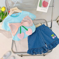 Girls Blue Cherry Print Short Sleeve Top With Denim Shorts Sets   