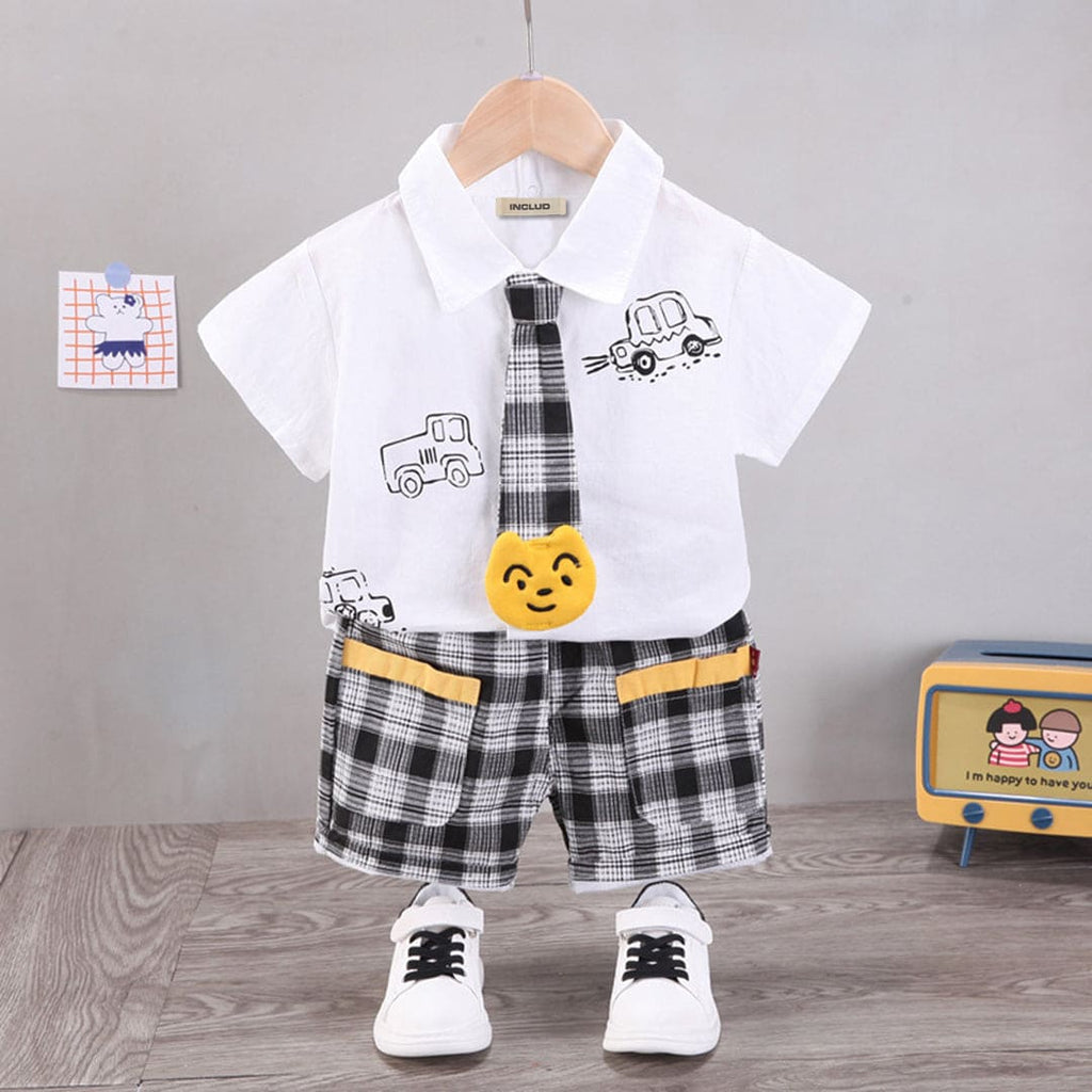 Boys White Printed Shirt With Plaid Bottom Sets White 1-2 Y 