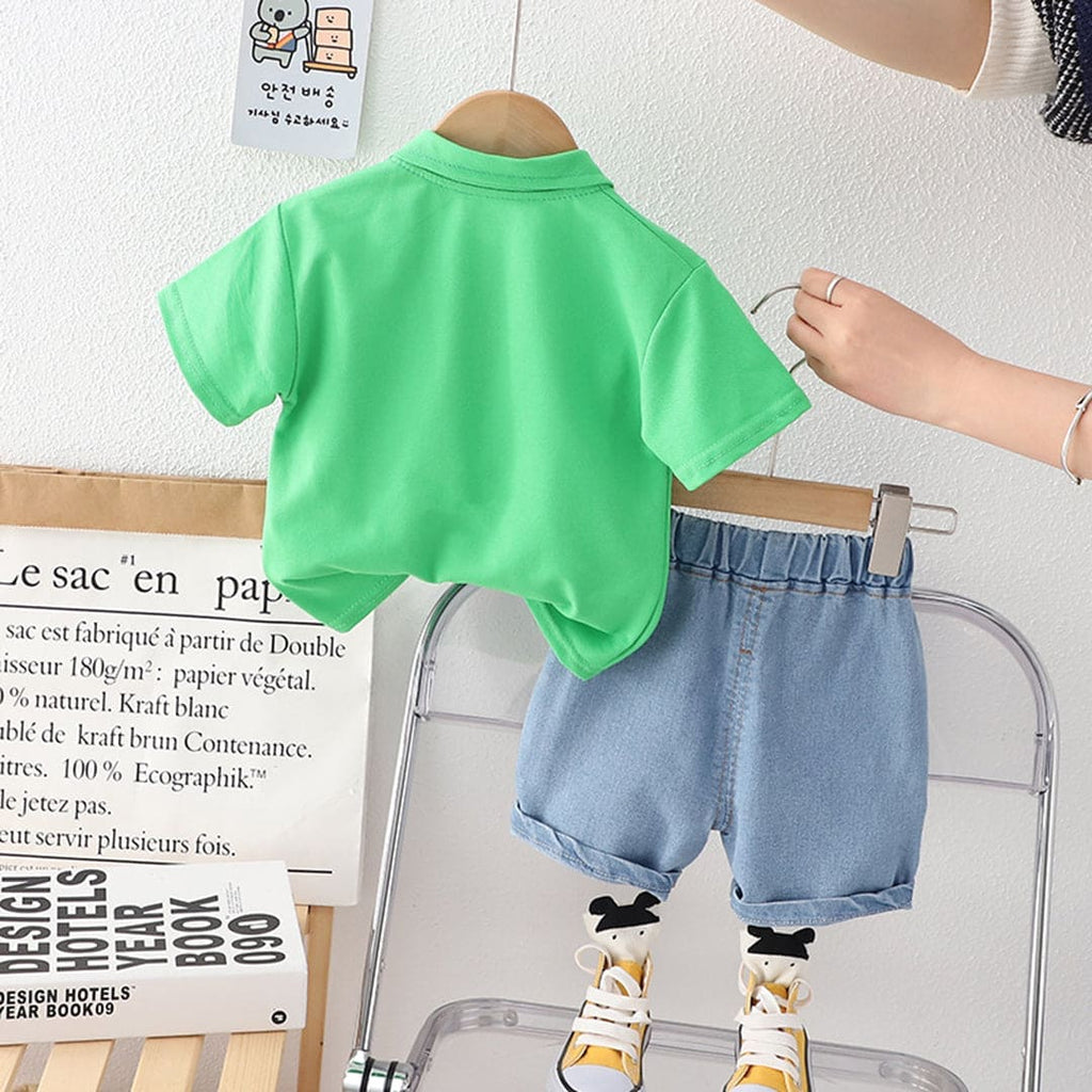 Boys Green Short Sleeve Polo T-Shirt With Denim Shorts Sets   