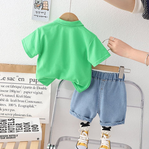 Boys Green Short Sleeve Polo T-Shirt With Denim Shorts Sets   