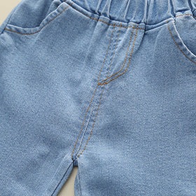 Boys Green Short Sleeve Polo T-Shirt With Denim Shorts Sets   