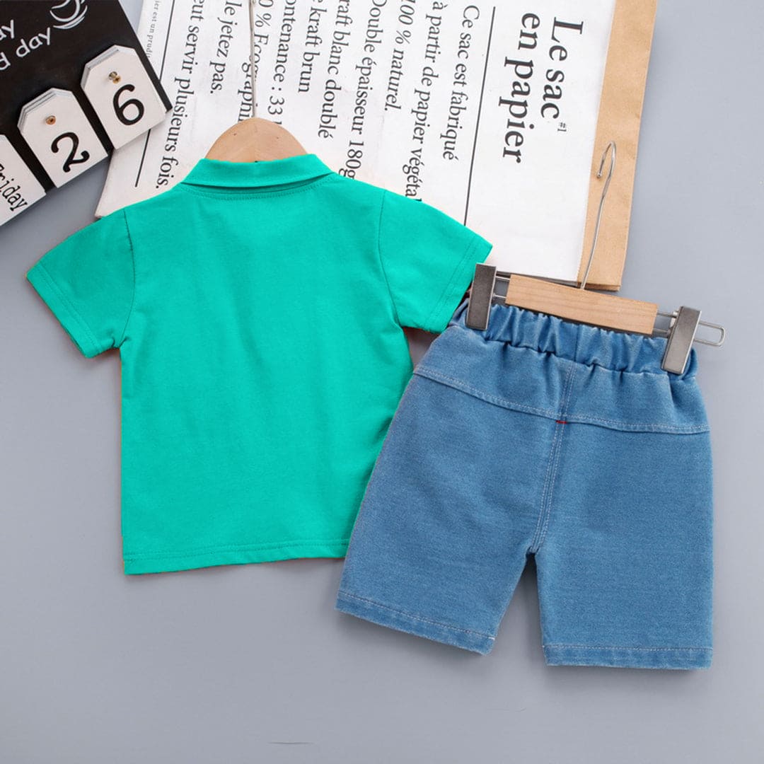 Boys Green Logo Applique Polo T-shirt with Denim Shorts Set Sets   