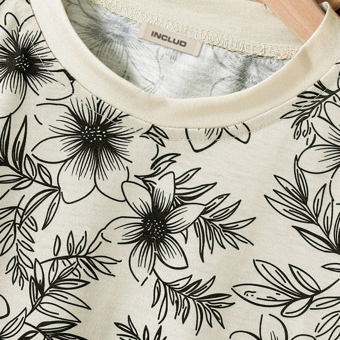 Girls Off White Floral Print T-shirt Sets   