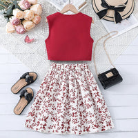 Girls Peter Pan Collar Top with Floral Print Skirt Set Sets   