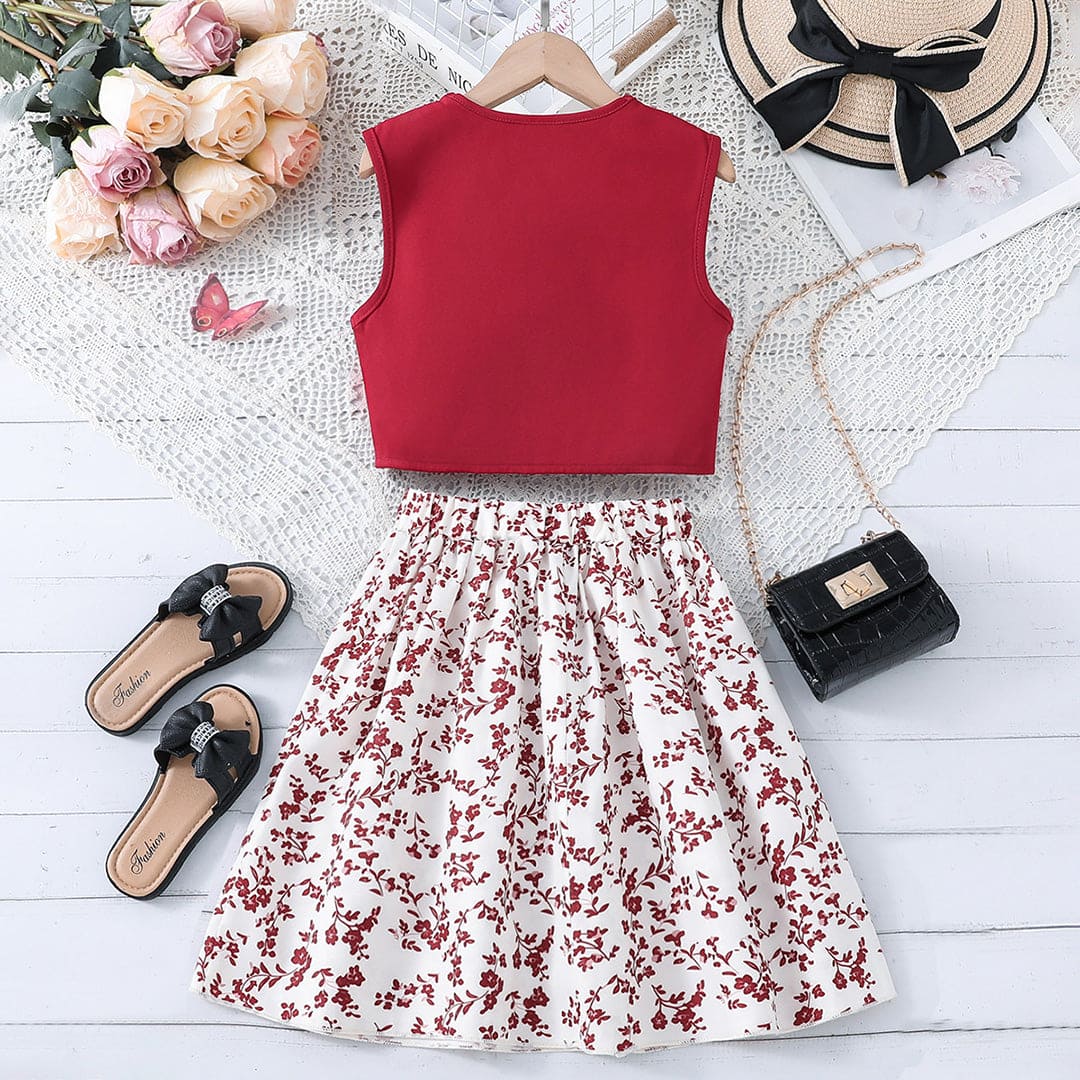Girls Peter Pan Collar Top with Floral Print Skirt Set Sets   