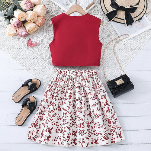 Girls Peter Pan Collar Top with Floral Print Skirt Set Sets   