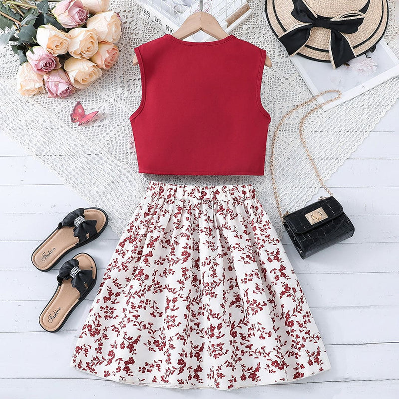 Girls Peter Pan Collar Top with Floral Print Skirt Set Sets   