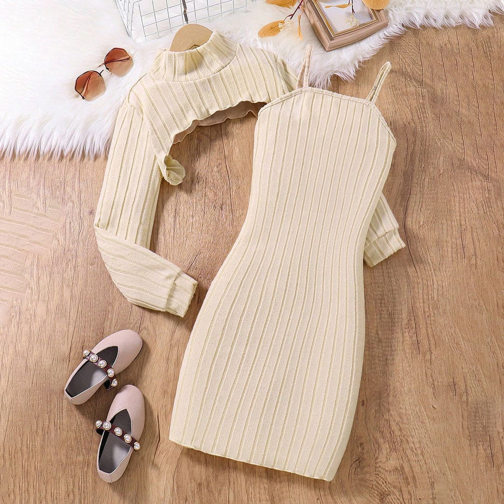 Girls Apricot Strappy Dress with Turtle Neck Full Sleeves Crop Top Casual Dresses Apricot 8-9 Y 